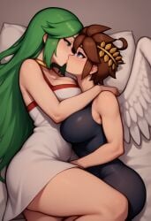 2girls ai_generated angel angel_wings breasts genderswap_(mtf) goddess kid_icarus kissing large_breasts nintendo palutena pit_(kid_icarus) rule_63 yuri