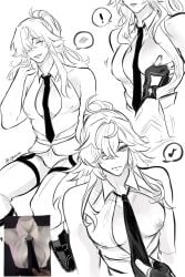 1boy 1male 1man boob_window breasts fluffy_hair honkai:_star_rail hoyoverse jing_yuan long_hair male male_only mole_under_eye nipple_outline nipples ponytail pulling_tie sleeveless sleeveless_shirt suit suit_and_tie