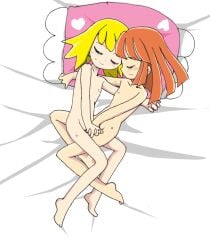 2girls amitie arle_nadja barefoot blonde_hair closed_eyes completely_nude completely_nude_female ebi_taro fully_nude fully_nude_female holding_hands nipples orange_hair puyo_puyo sega sleeping sweating yellow_hair yuri