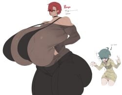 1boy 1girls ass big_ass big_breasts breasts bulge cigarette fat_ass female female_focus fully_clothed giant_breasts gigantic_breasts huge_ass huge_breasts hung_trap hyper hyper_breasts larger_female male maotthat massive_ass massive_breasts original_character red_hair size_difference smaller_male tall_female taller_girl tan_skin