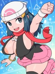 beanie big_breasts black_vest blue_background blue_eyes blue_hair blush busty covered_nipples creatures_(company) curvy dawn_(pokemon) female female_only game_freak gradient_background hi_res highres huge_breasts kabeume nintendo open_mouth perky_breasts pink_skirt pokemon pokemon_(game) pokemon_dppt pokemon_trainer smile solo white_headwear white_skirt