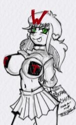 1girls 4chan :p bag bag_of_chips breasts closed_mouth drawfag green_eyes hair_ornament heart heart_hair_ornament holding_bag large_breasts looking_at_viewer midriff navel pasties pleated_skirt shirt shirt_lift skirt smile solo spot_color thighs tongue turtleneck turtleneck_shirt twintails wt_snacks