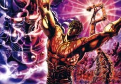 6+boys armor belt blood crucifixion fake_horns glowing glowing_eyes hara_tetsuo helmet highres hokuto_no_ken holding holding_weapon horned_helmet horns kaioh_(hokuto_no_ken) kenshiro multiple_boys muscular muscular_male official_art scar steam torn_clothes weapon