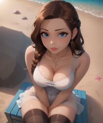 ai_generated bdmaestro beach cleavage female from_above hands_between_legs large_breasts looking_at_viewer sundress thighhighs