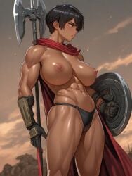 1girls abs ai_generated andava_(style) armor black_hair cape cas_(kosine1777) cassic female_spartan female_warrior halberd holding_weapon huge_breasts kosine1777 kosineverse leg_armor massive_breasts muscle_girl muscular muscular_female nipples original original_character panties shield short_hair spartan tan_body toned toned_abs toned_body toned_female topless warrior weapon