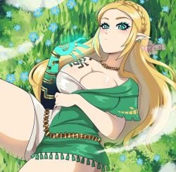 andiemations breath_of_the_wild cleavage faelions fantasy green_eyes huge_boobs nintendo tattoo_on_breast the_legend_of_zelda thighs zelda zelda_(breath_of_the_wild)