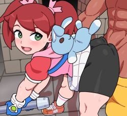 1girls ape_escape ass ass_focus big_ass bike_shorts brown_hair bubble_butt dat_ass female female_focus from_behind green_eyes huge_ass jacket kabeume latex long_hair looking_back rabbit red_hair sayaka shorts shorts_under_skirt skirt spats stuffed_toy surprised twintails upskirt yumi