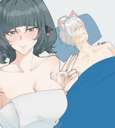 1boy 1girls bed before_sex black_hair breasts clothed jane_doe_(zenless_zone_zero) rat_ears satisfied seth_lowell smile v_sign white_hair zenless_zone_zero