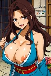 1girls ai_generated anime anime_girl anime_style asian_clothing attractive babe bare_shoulders beautiful_females blue_kimono breasts_out_of_clothes brown_hair busty cana_alberona curvy_female daytime door eternoai fairy_tail fashion female flashing happy inviting kawaii kimono large_breasts long_hair_female looking_at_viewer lovely nipples obi outdoors sash seductive sexy shonen_jump smile smiling valentine's_day voluptuous voluptuous_female witch wood young