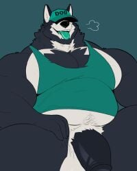 2025 anthro barazoku big_pecs big_penis body_hair bottomless bottomless_male canid canine canis chest_hair clothed clothing coal_(milkblend) domestic_dog genitals green_tongue hat hat_over_eyes headgear headwear hi_res husky male male_only mammal manly milkblend musclegut muscular muscular_male nordic_sled_dog overweight overweight_anthro overweight_male pecs penis shirt sitting slightly_chubby slightly_chubby_male solo spitz stocky tank_top teal_clothing teal_hat teal_headwear teal_shirt teal_tank_top teal_topwear text text_on_clothing text_on_hat text_on_headwear thick_penis tongue topwear