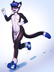 2018 anthro arh balls blue_hair chastity cold exhibitionism felid feline footprints fur hair hi_res jogging leopold_(waitforrain) male male_only mammal mostly_nude outside precum raised_arm running shaking shivering snow solo