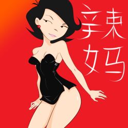 american_dragon:_jake_long asian asian_female asian_milf black_dress black_eyes black_hair breasts cleavage disney disney_channel dress earrings female female_only japanese_text milf pink_lips pink_lipstick red_background short_black_hair short_dress short_hair susan_long thighs woman