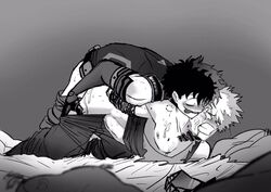 2boys anal arms_behind_back bite_mark bondage bound_arms crazy_eyes crying drooling happy happy_sex izuku_midoriya katsuki_bakugou male male_only male_rape_victim monochrome my_hero_academia orgasm rape roshoom tears_of_joy tears_of_pleasure yandere yaoi