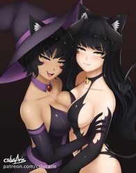 2girls animal_ears arm_grab ass bare_shoulders bell black_background black_dress black_gloves black_hair black_horns black_tail blake_belladonna blush breast_press breasts cat_ears chocolate_and_vanilla cleavage collarbone cslucaris demon_girl demon_horns demon_tail detached_collar dress elbow_gloves eyebrows_visible_through_hair female female_only gem gloves grin half-closed_eyes halloween halloween_costume hat head_tilt incest jewelry jingle_bell kali_belladonna large_breasts lips long_hair medium_breasts milf mother_and_daughter multiple_females multiple_girls mutual_yuri neck necklace open_mouth revealing_clothes ruby_(stone) rwby short_hair sideboob smile strapless strapless_dress tan_body text url watermark witch witch_hat yellow_eyes yuri