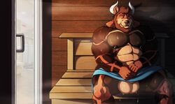 anthro balls beara beard big_balls facial_hair facial_piercing horn hybrid knuxlight looking_at_viewer male male_only muscular muscular_male nose_piercing piercing sauna septum_piercing sitting solo sweat