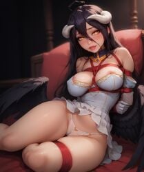 ai_generated albedo_(overlord) arms_behind_back bdmaestro bondage cameltoe female nipple_slip panties rope thighs