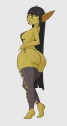 ass bangs bangs_between_eyes big_ass big_butt big_ears fangs goblin goblin_female green_body green_skin hips hips_wider_than_shoulders long_hair nipple_bulge ribbon slimeagainst thighhighs thong tight_clothing yellow_eyes