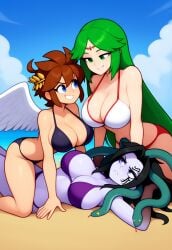 3girls ai_generated angel angel_wings beach bikini black_hair breasts brown_hair genderswap_(mtf) kid_icarus medusa_(kid_icarus) nintendo pale_skin palutena pinned_down pit_(kid_icarus) rule_63