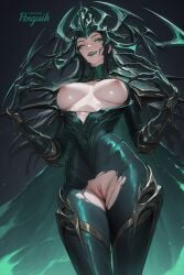 1girls ai_generated black_hair bodysuit breasts breasts_out cape claws cleavage crown exposed_breasts exposed_pussy female female_only glowing_eyes green_clothing green_eyes green_lipstick hela hela_(marvel) hela_(marvel_rivals) lipstick long_sleeves looking_at_viewer looking_down marvel marvel_cinematic_universe marvel_rivals medium_breasts nipples patreon_username penguih pussy simple_background solo spikes tiara torn_clothes vagina