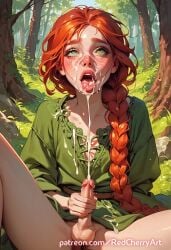 ai_generated braid braided_hair cum cum_on_face cumshot femboy feminine_male forest ginger green_eyes hippie pleasure_face red_hair redcherryart sissy sitting skinny small_penis spread_legs