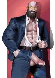 balls bara beard boner erection facial_hair god_of_war grey_body grey_skin kratos male male_only muscles muscular penis penis_out seanhexiao solo solo_male suit