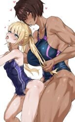 2girls ahe_gao biceps blonde_hair blue_eyes blush breasts brown_hair dark-skinned_female dark_skin from_behind futa_with_female futanari grabbing_another's_hair heart height_difference highres kei_(m_k) large_breasts m_k multiple_girls muscular muscular_female neck_grab original red_eyes rika_(m_k) saliva sex sex_from_behind short_hair size_difference small_breasts stomach_bulge sweat swimsuit thick_thighs thighs tongue tongue_out twintails