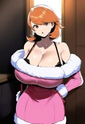 1girls ai_generated ameanon atlus big_breasts bra brown_eyes brown_hair cleavage coat curvaceous curvy_female hand_on_hip large_breasts light-skinned_female light_skin looking_at_viewer night persona persona_3 standing thighs yukari_takeba