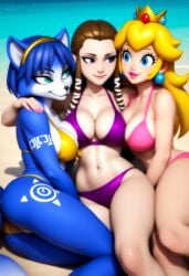 3girls ai_generated beach bikini blonde_hair breasts brown_hair furry furry_female krystal large_breasts mario_(series) nintendo princess_peach princess_zelda star_fox the_legend_of_zelda the_legend_of_zelda:_twilight_princess