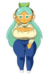 1girls ass_visible_through_thighs cleavage cleavage_cutout clothing collar cookie_run dracoarcto gingerbread_cookie green_hair headpiece jeans large_ass large_breasts leaf looking_at_viewer pistachio_cookie solo solo_female sweat sweatdrop sweater wide_hips