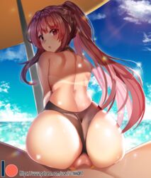 1boy 1girls beach blush censored cowgirl_position female girls'_frontline long_hair looking_at_viewer looking_back male male_pov maze_yuri one-piece_swimsuit pov reverse_cowgirl_position seaside sex swimsuit umbrella wa2000_(girls'_frontline) water