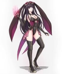 black_clothes black_eyes black_hair bunny bunny_ears bunny_girl bunny_tail bunnysuit choker cleavage dark_aura easter easter_bunny elbow_gloves fingerless_gloves fire_emblem fire_emblem_awakening fire_emblem_heroes gloves high_heels large_breasts loki_(fire_emblem)_(cosplay) long_hair magic necklace simple_background smile tharja_(fire_emblem) thighhighs