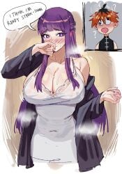 1boy 1girls ? bare_shoulders big_breasts blunt_bangs blush celyn404 dress english_text female fern_(sousou_no_frieren) highres long_hair off_shoulder open_mouth purple_eyes purple_hair sousou_no_frieren stark_(sousou_no_frieren) white_dress