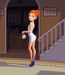 ass bare_legs ben_10 cartoon_network dress drew_gardner ginger green_eyes gwen_tennyson high_heels legs looking_at_viewer minidress petite rear_view red_hair short_hair small_breasts tagme teenage_girl thighs tied_hair tight_clothing tiny_female
