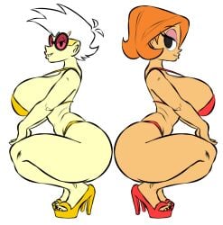 2024 2girls ass big_ass big_breasts bikini breasts busty crossover crouching debbie_turnbull female female_only glasses heels huge_breasts large_breasts looking_at_viewer maikyoh milf mother my_life_as_a_teenage_robot nora_wakeman orange_hair png robotboy shoes side_view squatting swimsuit thick_thighs white_background white_hair wide_hips