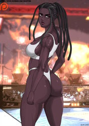 1girls abs amber_eyes artist_name artist_signature ass back_turned back_view black_female breasts cleavage commission dark-skinned_female dark_skin dat_ass dreadlocks female female_only hips master_raven scar solo tekken tekken_7 thick_thighs thighs thong thong_bikini video_games waist xplotter