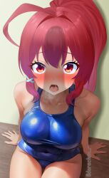 ahoge blue_one-piece_swimsuit blush breasts commentary_request covered_navel dorachan_r female hair_ribbon highres i-168_(kancolle) imminent_fellatio indoors kantai_collection long_hair looking_at_penis medium_breasts old_school_swimsuit one-piece_swimsuit open_mouth penis_awe penis_shadow ponytail red_eyes red_hair ribbon saliva school_swimsuit solo straight sweat swimsuit