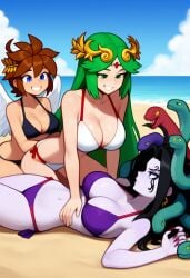 3girls ai_generated angel angel_wings beach bikini breasts brown_hair genderswap_(mtf) kid_icarus medusa_(kid_icarus) nintendo palutena pinned_down pit_(kid_icarus) rule_63