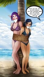 2girls akinasilver bikini blue_bikini blue_hair bondage bound bound_arms bound_to_tree cloth_gag elf elf_female english_text gagged night_elf purple_bikini purple_hair speech_bubble swimsuit world_of_warcraft