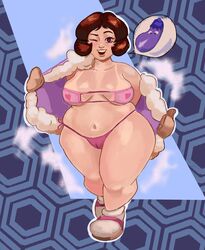 1girls bikini blush breasts brown_eyes brown_gloves brown_hair cameltoe chubby coat eggplant eyepatch_bikini female female_only gloves human human_only ice_climber jumboiiii light-skinned_female light_skin nana_(ice_climber) nintendo pink_coat seductive smile solo steam tanlines thick_thighs thong wide_hips wink