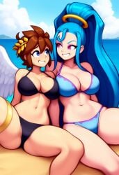 2girls ai_generated amazon_pandora angel angel_wings beach bikini blue_bikini blue_hair breasts brown_hair genderswap_(mtf) kid_icarus nintendo pandora_(kid_icarus) pit_(kid_icarus) rule_63