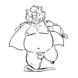 2019 anthro balls belly black_and_white blush clothing flaccid gouryou humanoid_hands humanoid_penis male male_only mammal mohawk monochrome moobs navel nipples overweight overweight_male pants penis riversausage shirt simple_background solo suid suina sus_(pig) tokyo_afterschool_summoners tongue tongue_out undressing video_games white_background wild_boar