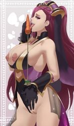 1girls areolae arrow breasts breasts_out bunny bunny_ears bunny_girl bunnysuit carrot choker clothes_aside clothing_aside easter easter_bunny fire_emblem fire_emblem_heroes flower gloves grin headgear huge_breasts large_breasts licking loki_(fire_emblem) loki_(spring)_(fire_emblem) long_hair necklace nipples no_bra no_panties no_underwear purple_eyes purple_hair sinccubi smirk teasing tongue_out vagina wide_hips