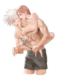 1boy 1girls age_difference boxers clinging completely_nude completely_nude_female cropped_jacket grey_hair hatake_kakashi holding_object hugging hugging_from_behind kiss_mark ladle leg_lock long_hair mole mole_under_mouth muscular muscular_male myam naruto naruto_(series) naruto_shippuden nude nude_female older_male older_man_and_younger_woman petite pink_hair plain_background romantic sakura_haruno scar scar_across_eye scar_on_chest sexually_suggestive shirtless shirtless_male short_hair simple_background straight suggestive teacher_and_student underwear upper_body white_background younger_female