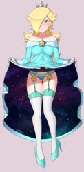 blonde_hair blue_eyes clothing crown dress dress_lift fully_clothed hair hair_over_one_eye lingerie long_hair mario_(series) nintendo panties princess princess_rosalina sarukaiwolf super_mario_galaxy thighhighs video_games