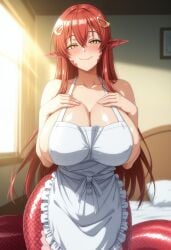 ai_generated apron artist_name bedroom big_breasts female female_focus huge_breasts kifurry1 lamia legles legless long_hair miia_(monster_musume) milf monster_girl monster_musume_no_iru_nichijou red_hair reptile reptile_humanoid snake_girl snake_tail tagme tagme_(artist)