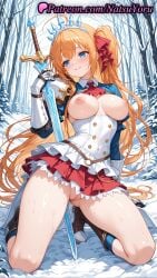 1girls 2025 ahoge ai_generated armor bangs blue_eyes blush boots breasts breasts_out clothing female female_only gloves hair_ribbon hi_res highres holding kneeling large_breasts long_hair natsuyoru nipples no_panties orange_hair parted_lips patreon pecorine pecorine_(princess_connect!) princess_connect! princess_connect!_re:dive pussy red_ribbon red_skirt ribbon skirt smile solo sword thighs tiara vagina very_long_hair voluptuous voluptuous_female weapon