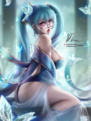 1girls ass blue_hair fantasy huge_ass league_of_legends long_hair mumeaw sideboob sitting solo sona_buvelle tagme