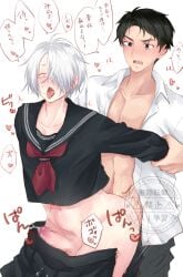 2boys alternate_costume anal anal_sex arms_held_back blush crossdressing cute_fang ddsn0w erection femboy femboy_dilf from_behind gay gegege_no_kitarou hair_over_one_eye kitarou_tanjou_gegege_no_nazo male male_only medama_oyaji_(human) mizuki_(gegege_no_kitarou) mosaic_censoring open_mouth pale-skinned_male pale_skin penis penis_out school_uniform serafuku sweat tongue_out white_hair yaoi