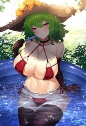 1girls areola_slip areolae big_breasts bikini blush breasts breasts choker cleavage curvy curvy_figure green_hair hips huge_breasts kazami_yuuka large_breasts looking_at_viewer navel nipple_bulge outdoors partially_submerged pool popsicle red_eyes scenery short_hair side-tie_bikini side-tie_bikini_bottom sinkai solo sun_hat sunflower thighhighs thighs touhou water wavy_hair