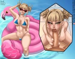 2024 armpits bikini biting_lip biting_own_lip blonde_hair blowjob blue_bikini boku_no_hero_academia breasts brown_nails cameltoe cleavage fellatio female female_focus flamingo floatie hand_behind_head himiko_toga male my_hero_academia nipples painted_fingernails painted_nails penis pool short_hair sunglasses thighs tied_hair tyrana water yellow_eyes